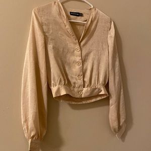 PLT Satin Champagne Cropped Button Down Collared Blouse